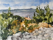 Blick auf Sutivan, Insel Brac, Kroatien Aquarell 24x32 cm Blick auf Sutivan, Insel Brac, Kroatien Aquarell 24x32 cm